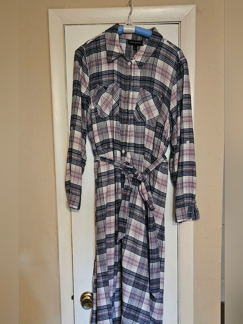 Lane Bryant Navy, White & Pink Plaid Long-Sleeve Shirt Dress